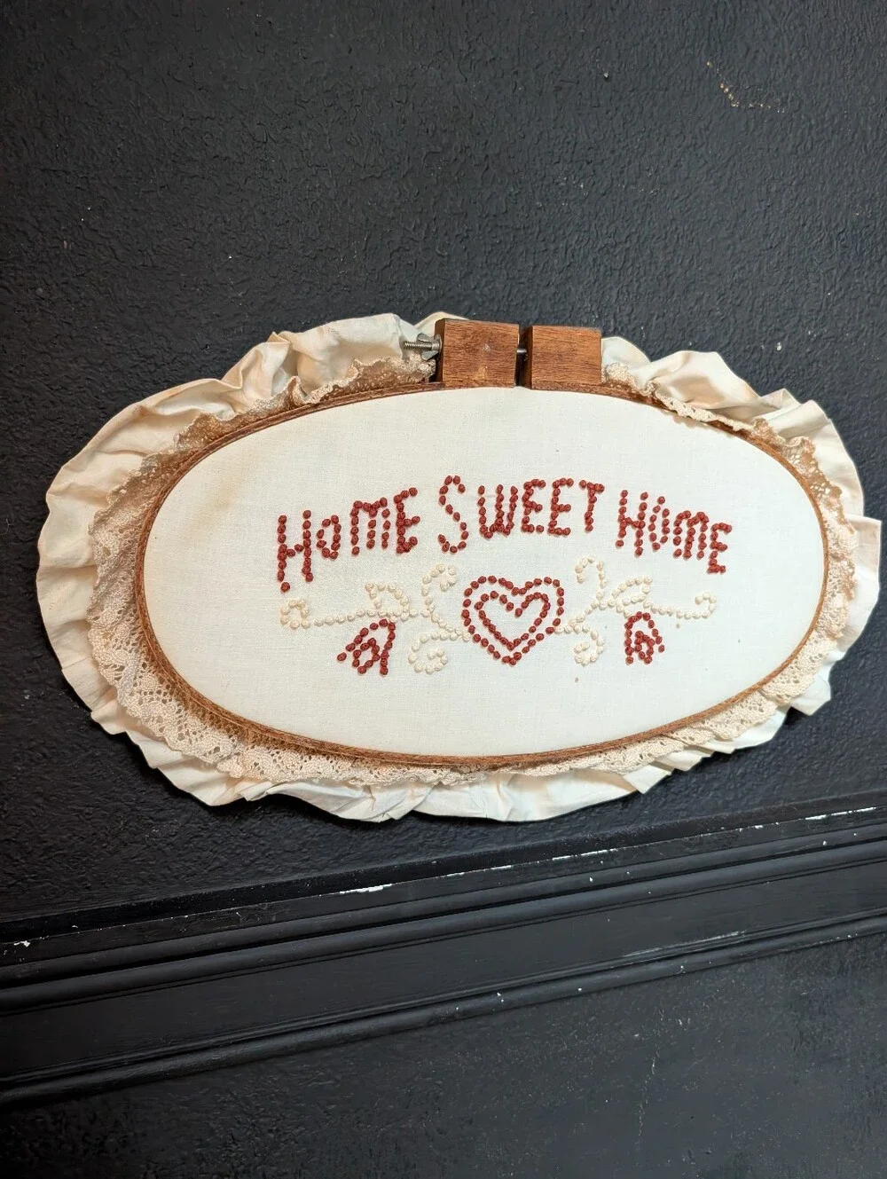 Vintage Cottagecore Hand-Made cross stitch home sweet home, Frill, wall decor